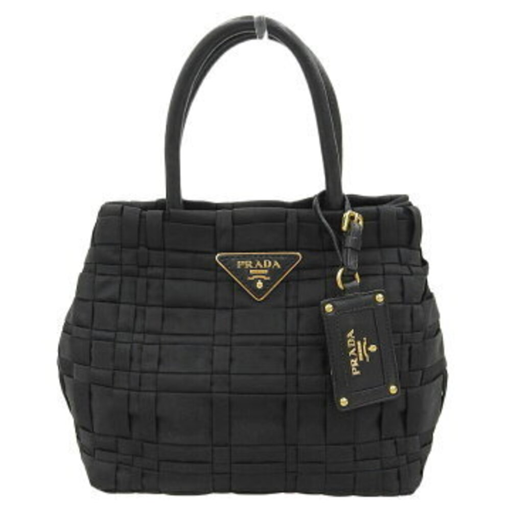 Prada Logo Bag Handbag Mesh Leather Black